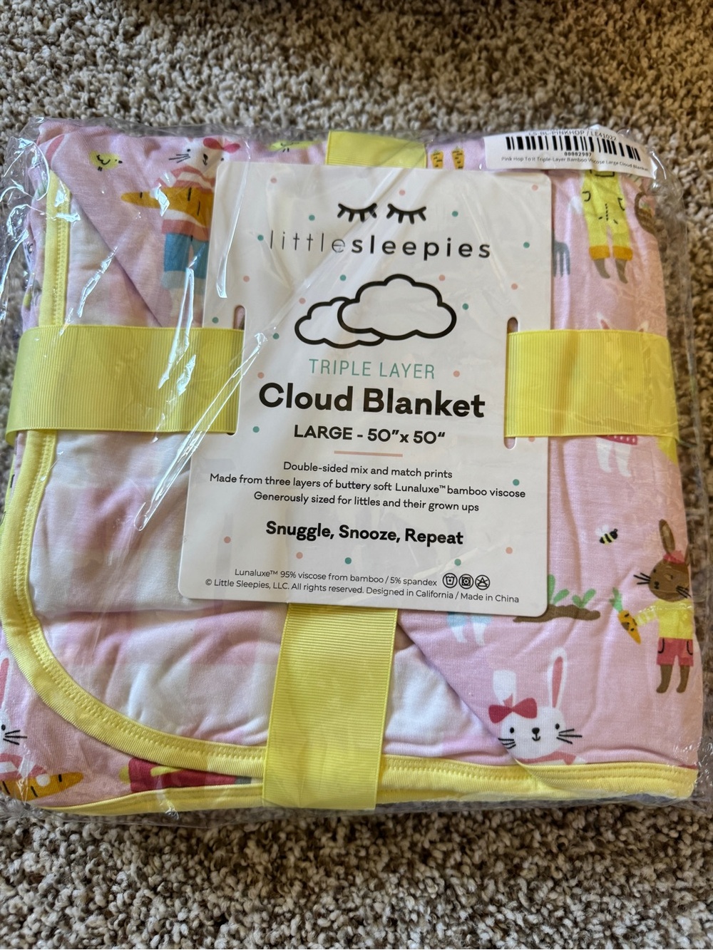 Little Sleepies Pink Bunny & Fruit Print Cloud Blanket with Yellow Trim